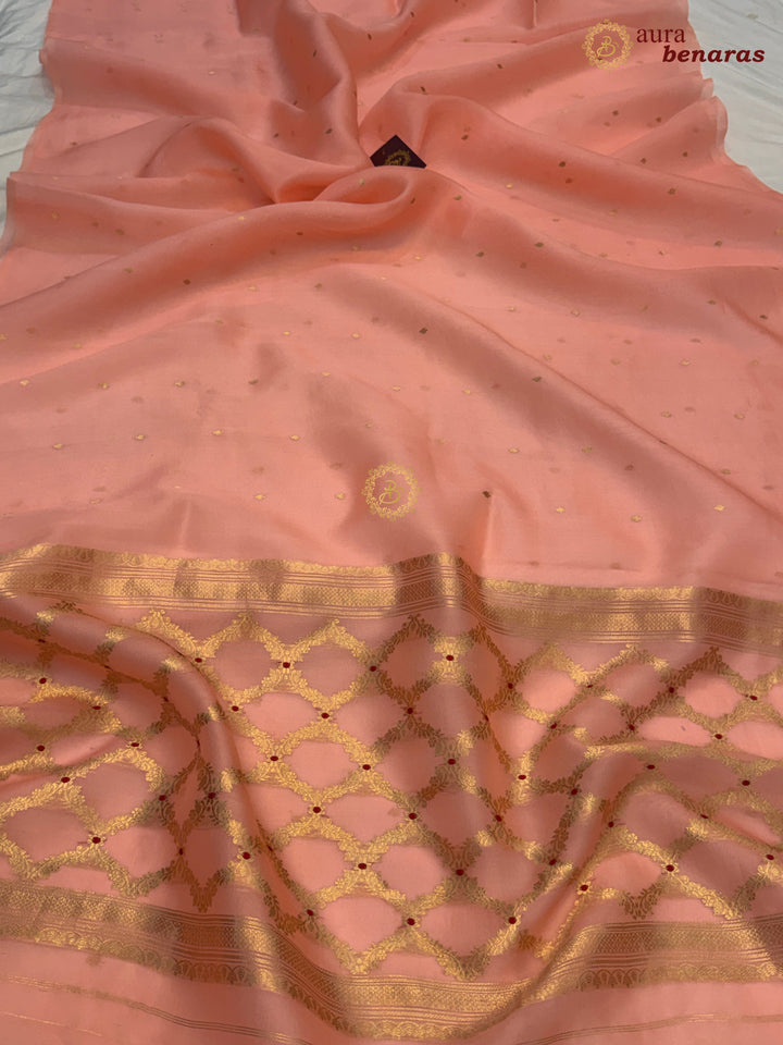 Peach Kora Silk Banarasi Saree – Kadhwa Butis in Zari