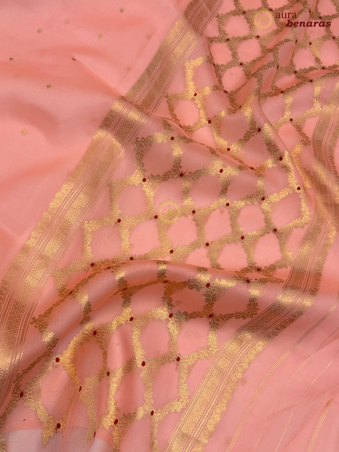Peach Kora Silk Banarasi Saree – Kadhwa Butis in Zari