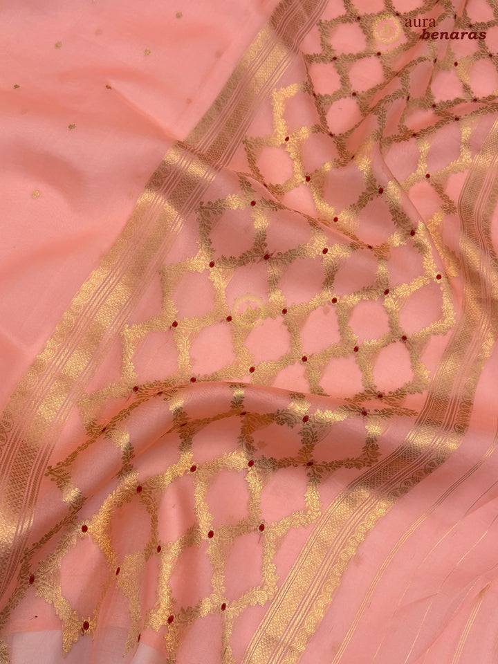 Peach Kora Silk Banarasi Saree – Kadhwa Butis in Zari