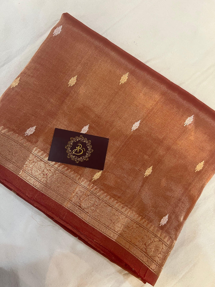 Rust Orange Banarasi Handloom Organza Tissue Silk Saree - Aura Benaras