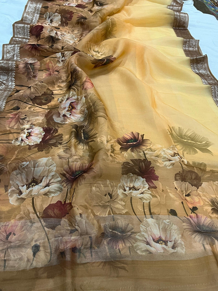 Cream-Beige Banarasi Handloom Kora Silk Saree - Aura Benaras