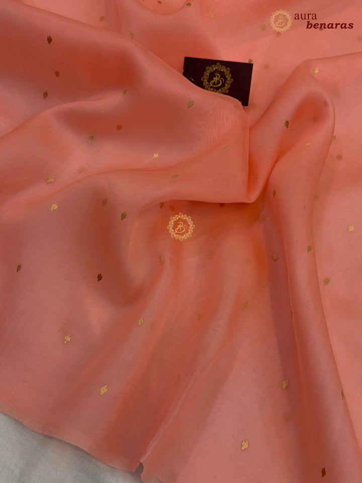 Peach Kora Silk Banarasi Saree – Kadhwa Butis in Zari