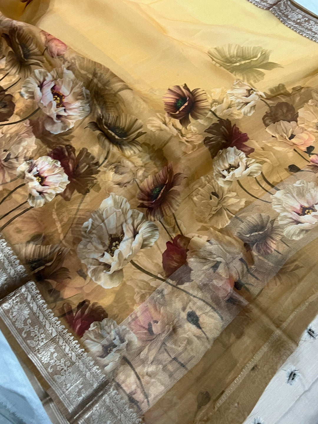 Cream-Beige Banarasi Handloom Kora Silk Saree - Aura Benaras