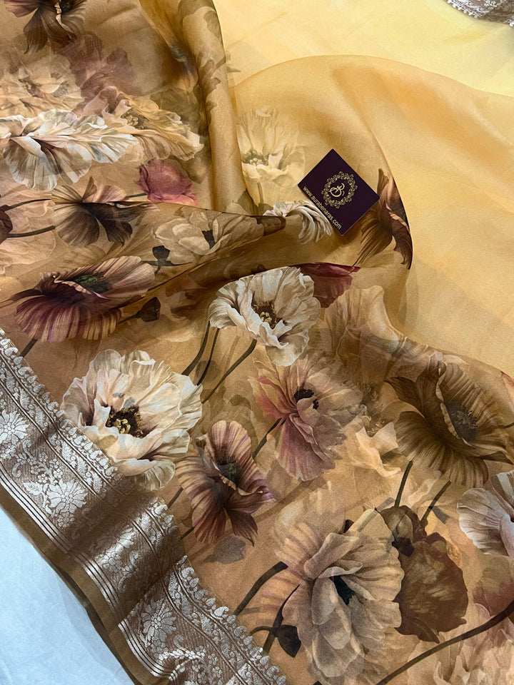 Cream-Beige Banarasi Handloom Kora Silk Saree - Aura Benaras