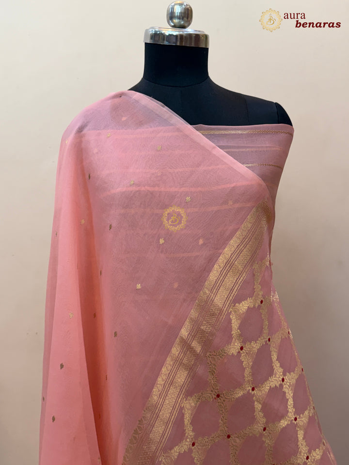Peach Kora Silk Banarasi Saree – Kadhwa Butis in Zari