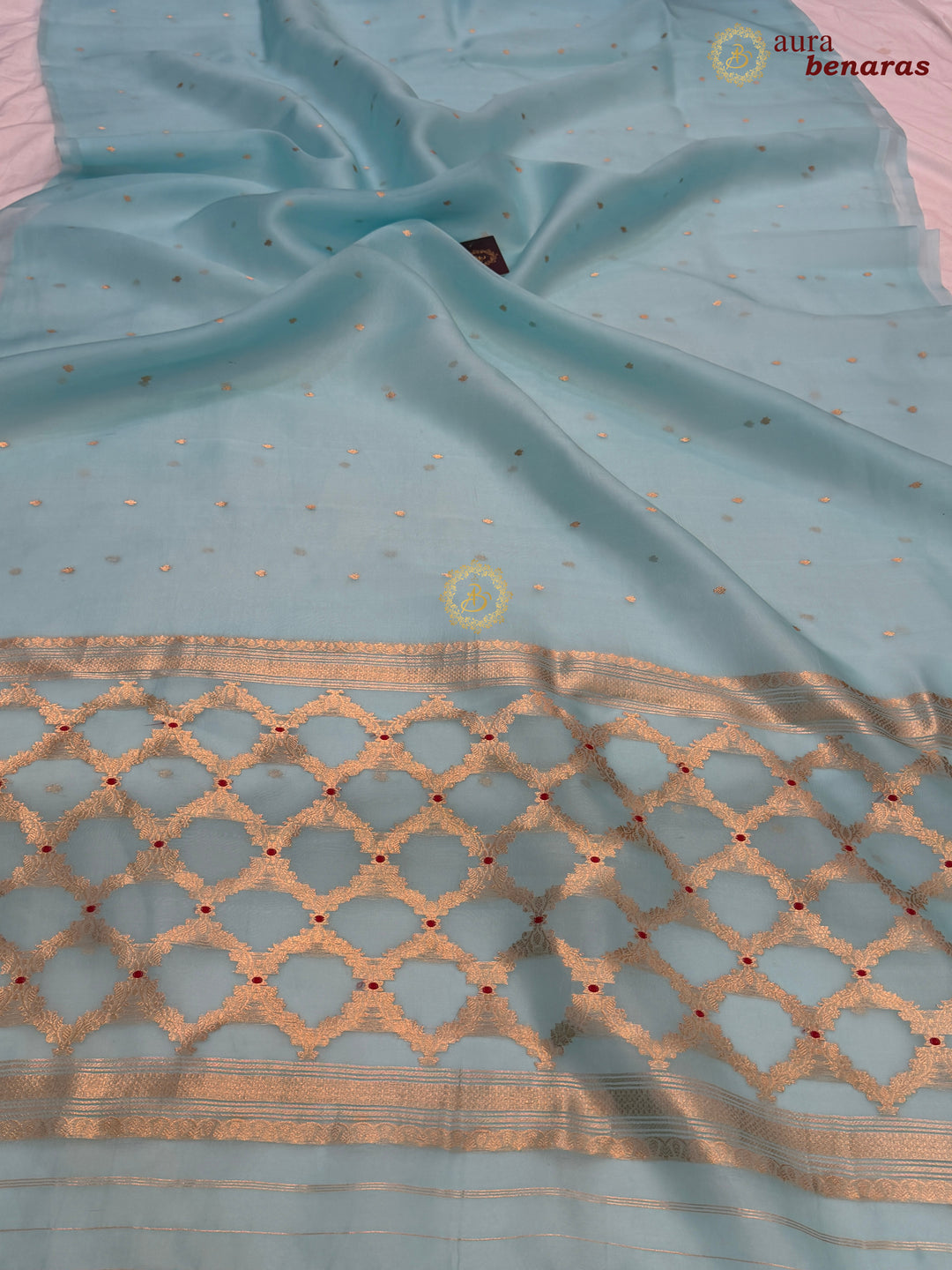 Sky Blue Kora Silk Banarasi Saree – Kadhwa Butis in Zari