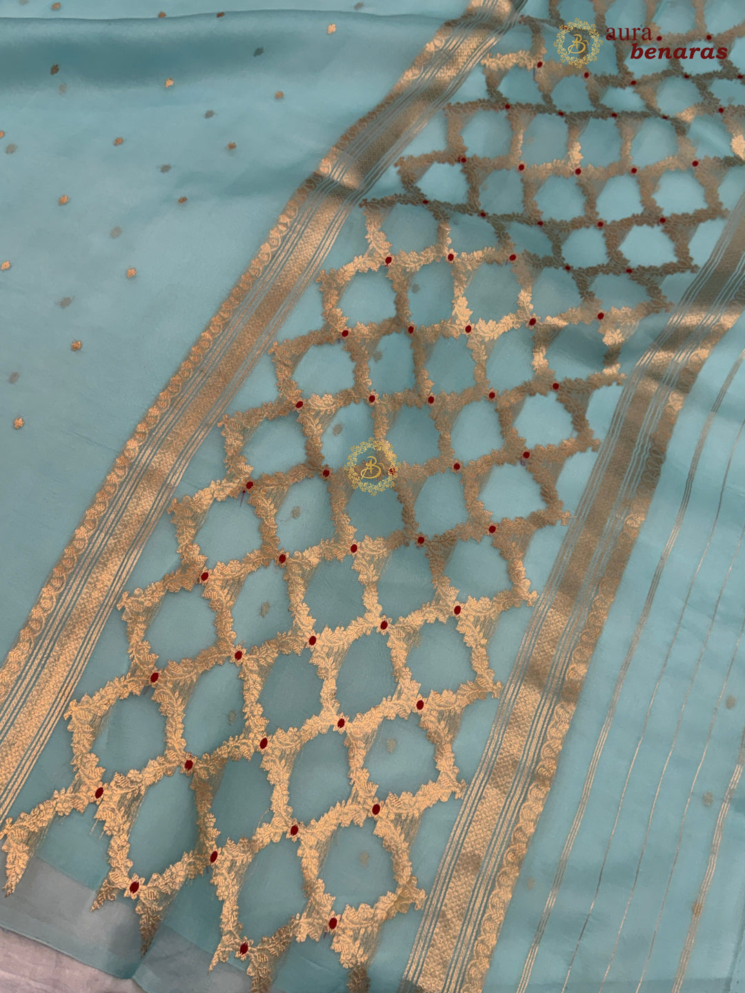 Sky Blue Kora Silk Banarasi Saree – Kadhwa Butis in Zari