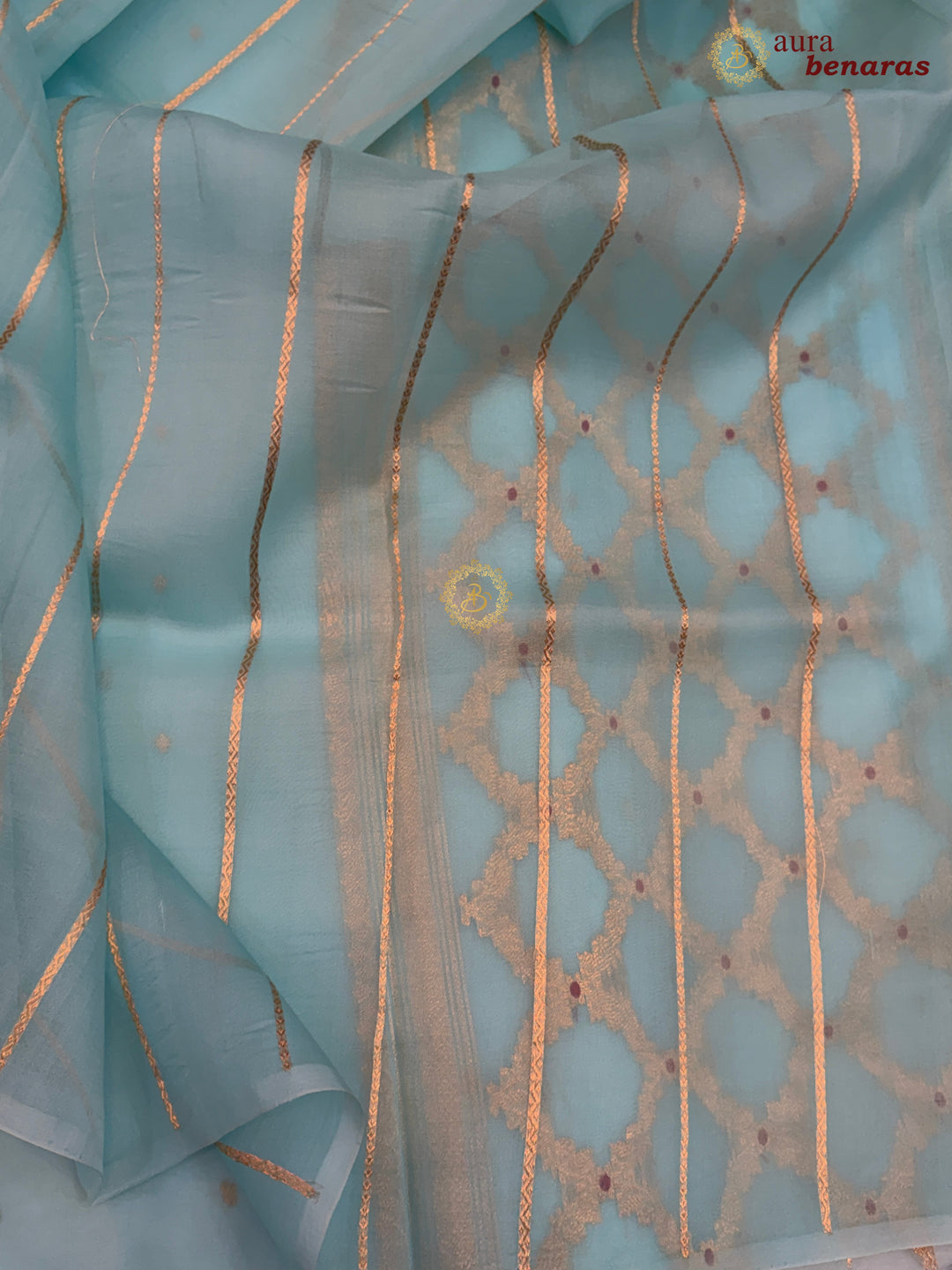 Sky Blue Kora Silk Banarasi Saree – Kadhwa Butis in Zari