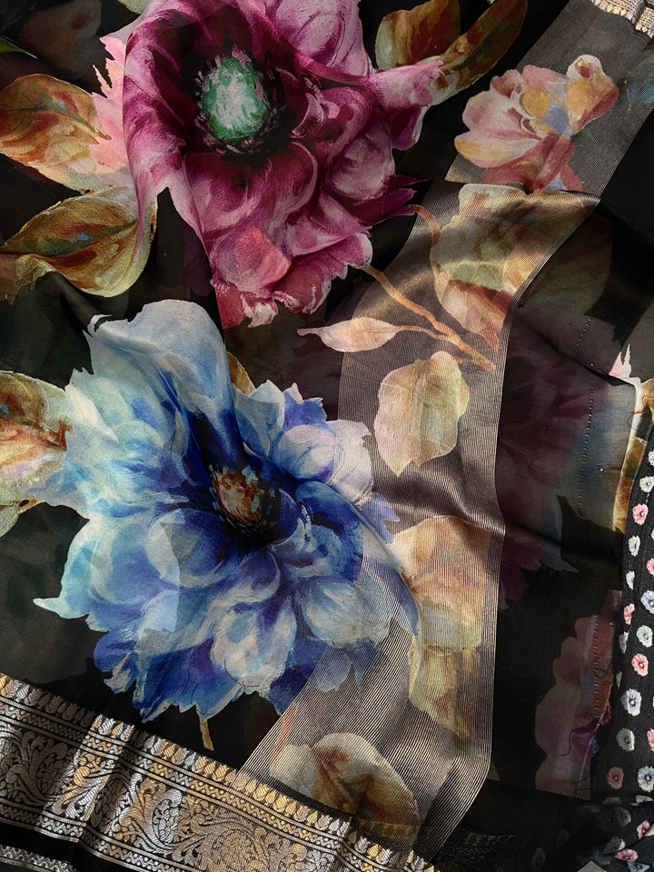 Black Banarasi Handloom Kora Silk Saree - Aura Benaras