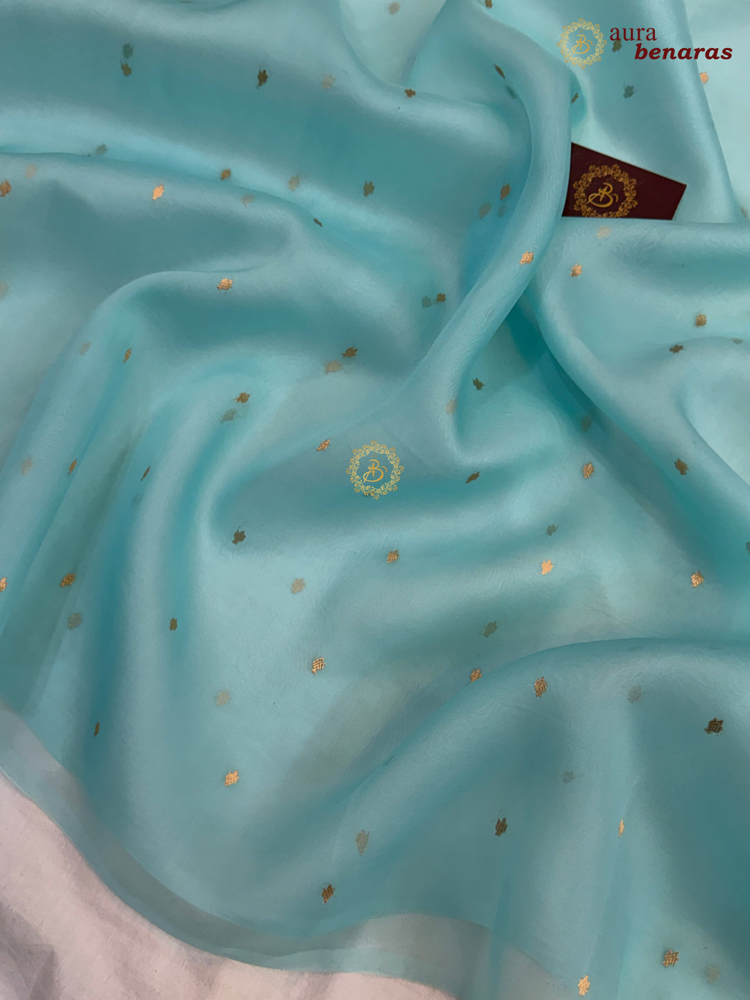 Sky Blue Kora Silk Banarasi Saree – Kadhwa Butis in Zari