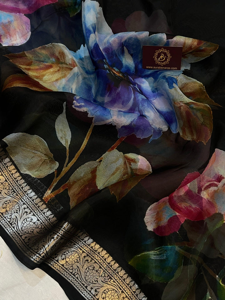 Black Banarasi Handloom Kora Silk Saree - Aura Benaras