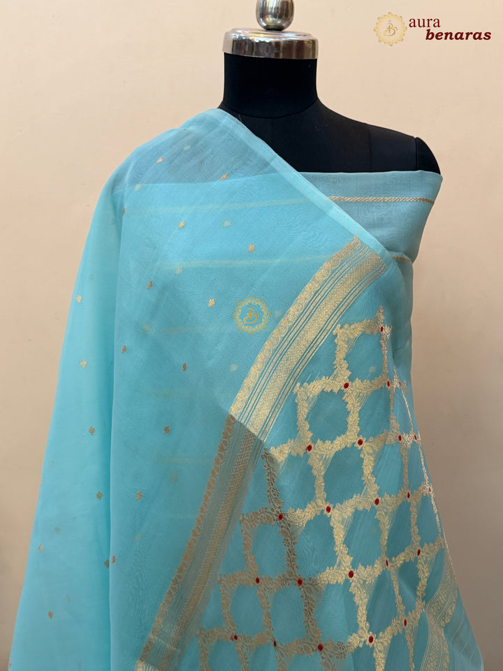 Sky Blue Kora Silk Banarasi Saree – Kadhwa Butis in Zari