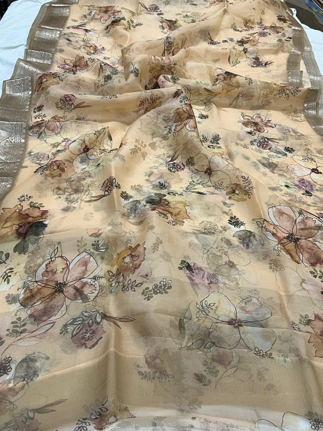 Pale Peach Banarasi Handloom Kora Silk Saree - Aura Benaras