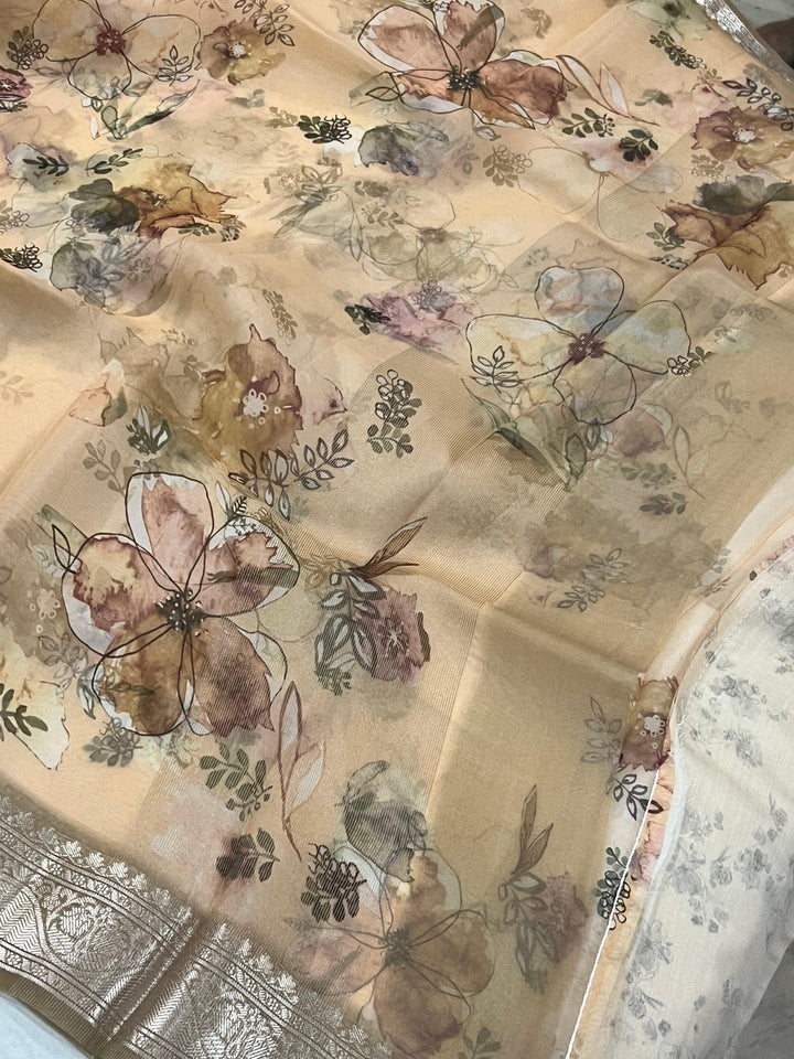 Pale Peach Banarasi Handloom Kora Silk Saree - Aura Benaras