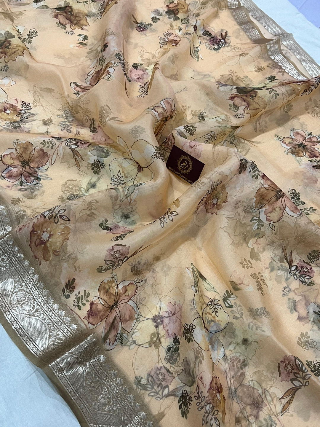 Pale Peach Banarasi Handloom Kora Silk Saree - Aura Benaras