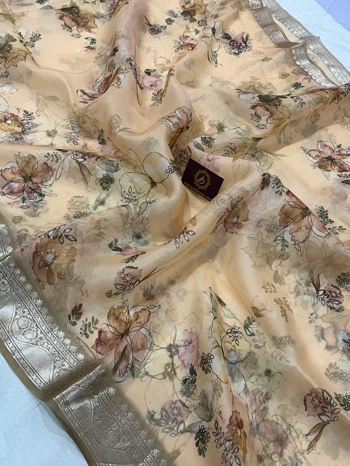 Pale Peach Banarasi Handloom Kora Silk Saree - Aura Benaras