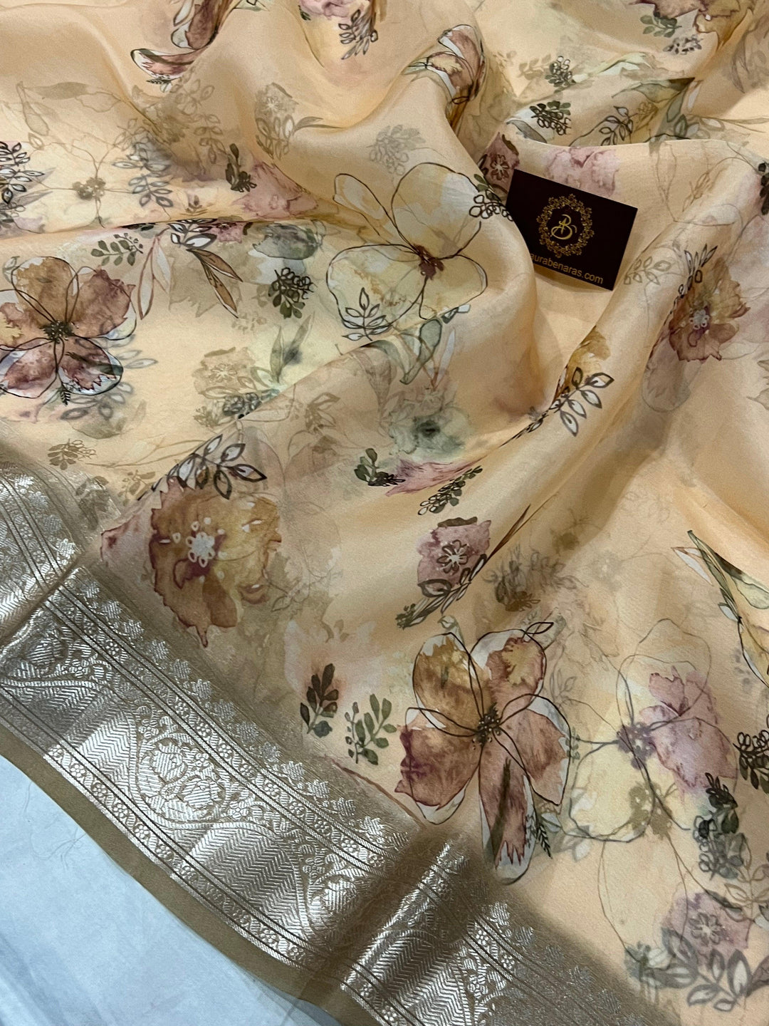 Pale Peach Banarasi Handloom Kora Silk Saree - Aura Benaras