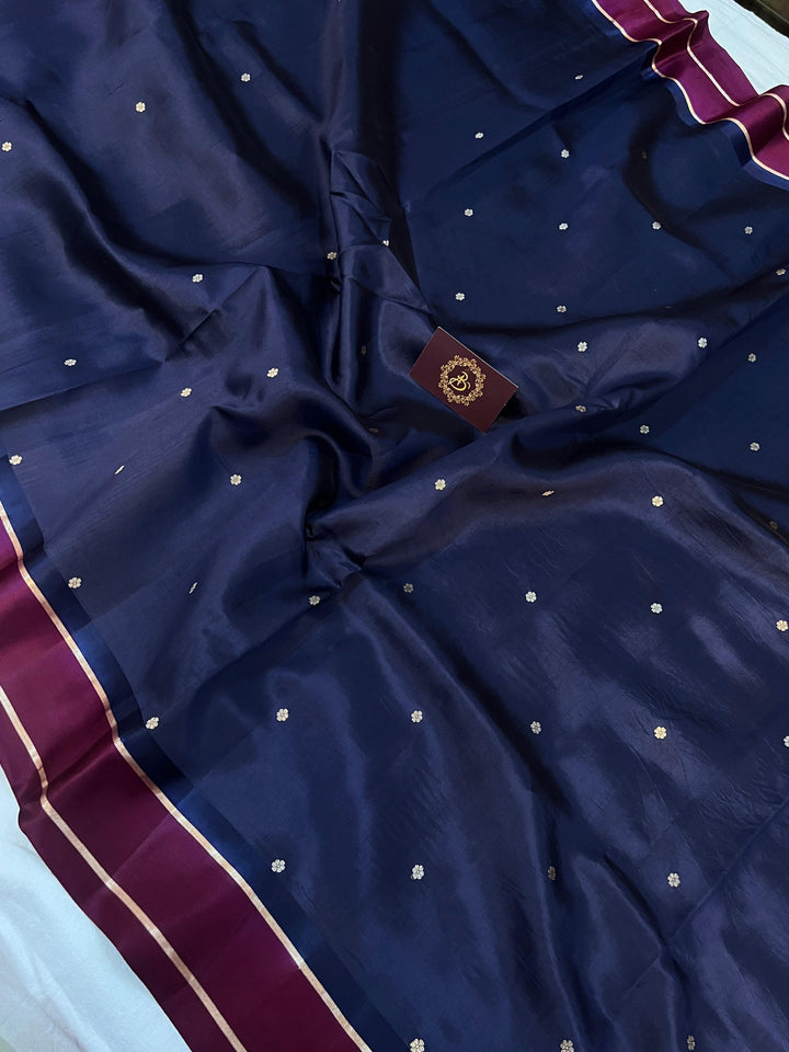 Navy Blue Pure Banarasi Handloom Silk Saree - Aura Benaras