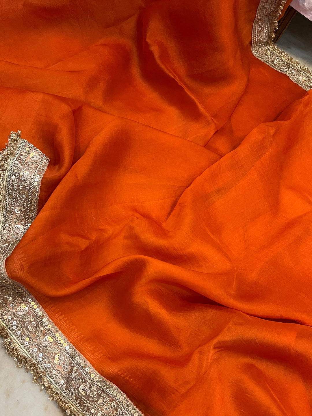 Orange Banarasi Handloom Kora Silk Saree - Aura Benaras