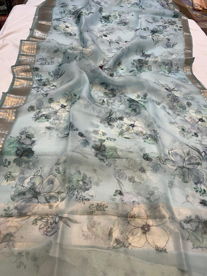 Pale Blue Banarasi Handloom Kora Silk Saree - Aura Benaras