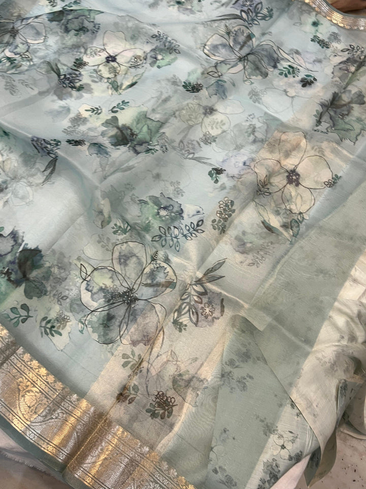 Pale Blue Banarasi Handloom Kora Silk Saree - Aura Benaras