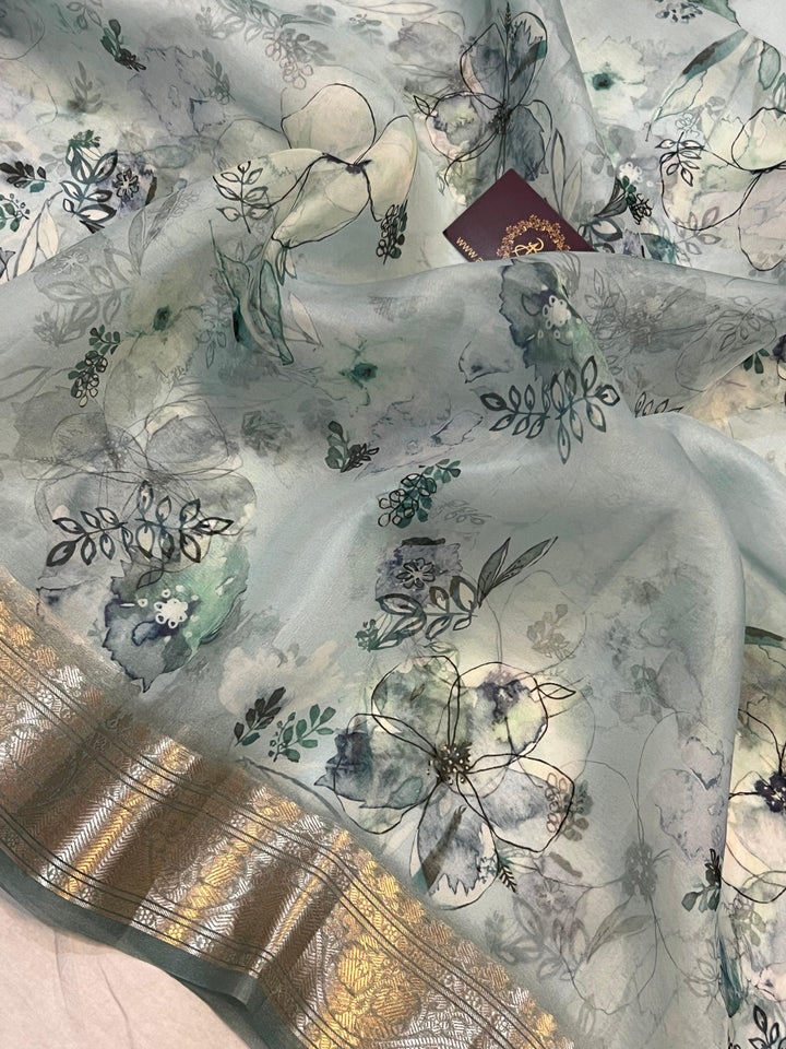 Pale Blue Banarasi Handloom Kora Silk Saree - Aura Benaras