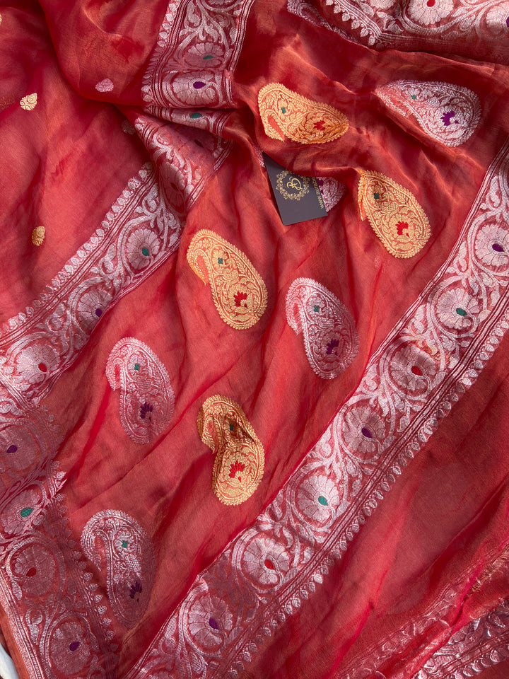 Red Pure Banarasi Chiffon Tissue Silk Saree