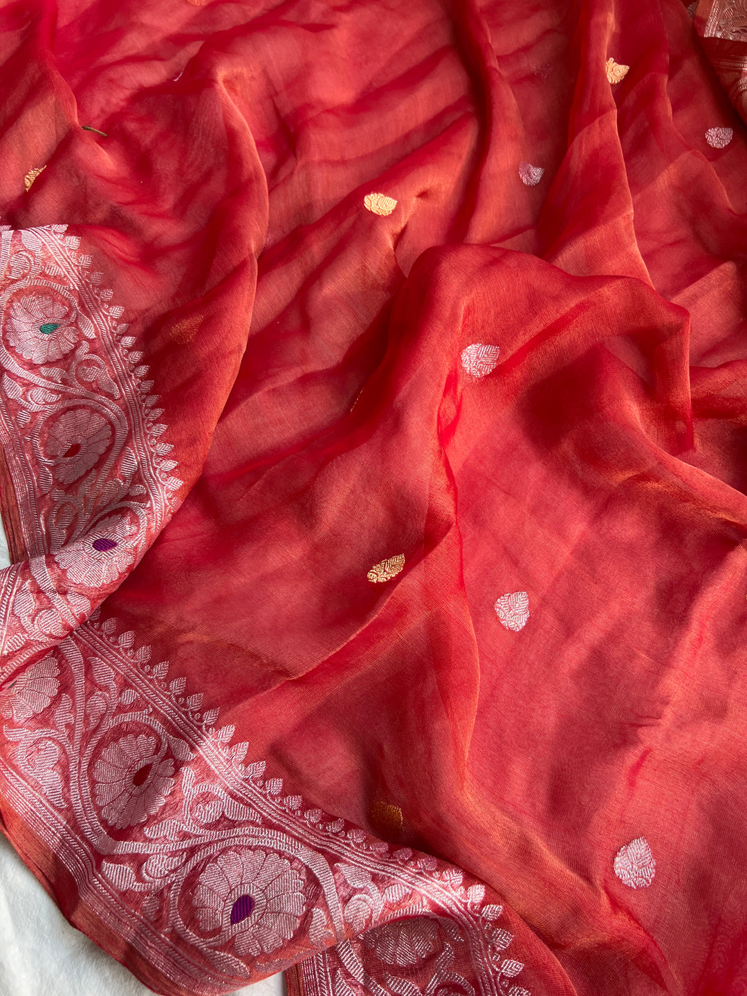 Red Pure Banarasi Chiffon Tissue Silk Saree