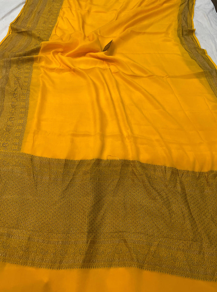 Yellow Pure Banarasi Khaddi Crepe Silk Saree - Aura Benaras