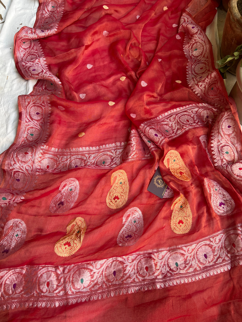 Red Pure Banarasi Chiffon Tissue Silk Saree