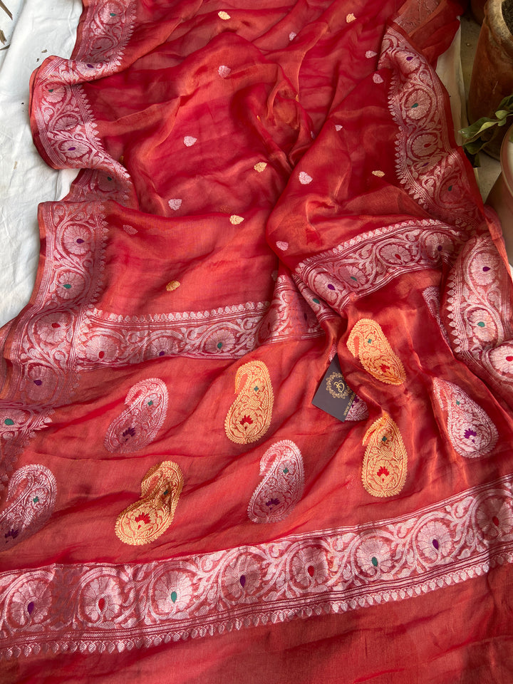 Red Pure Banarasi Chiffon Tissue Silk Saree