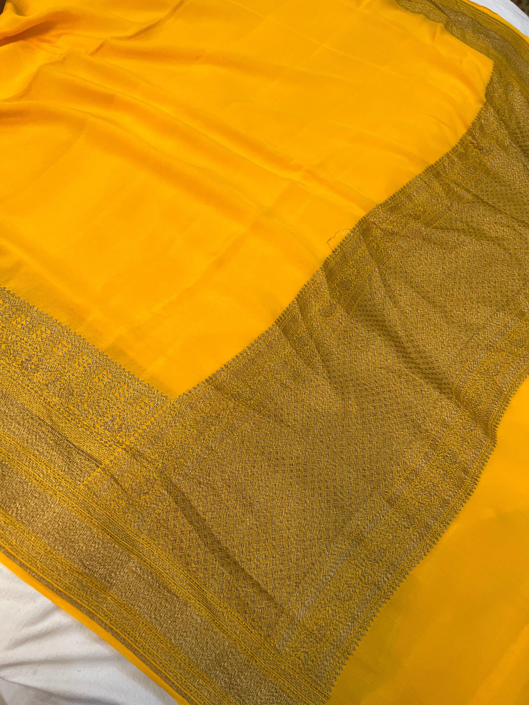 Yellow Pure Banarasi Khaddi Crepe Silk Saree - Aura Benaras