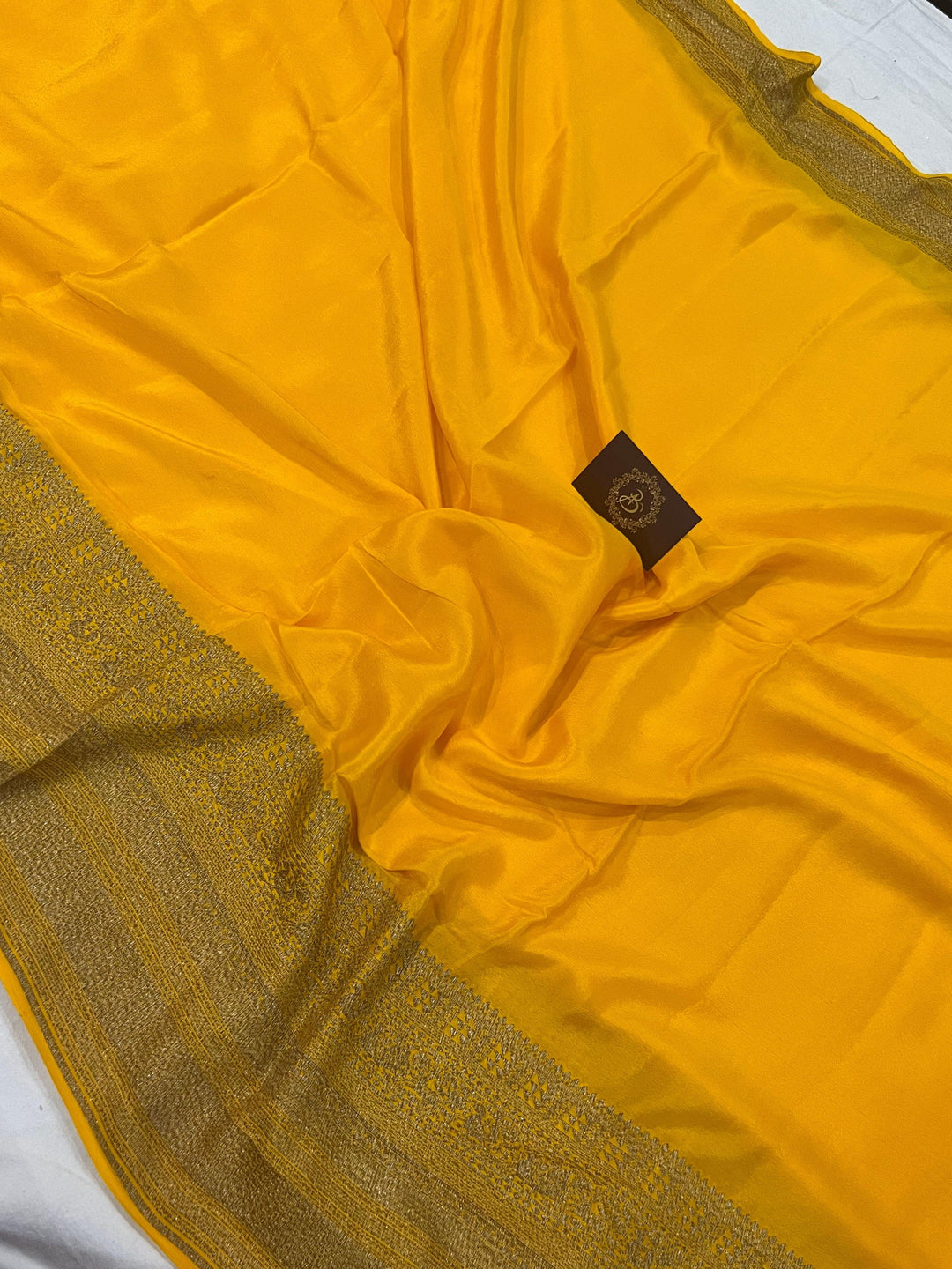 Yellow Pure Banarasi Khaddi Crepe Silk Saree - Aura Benaras