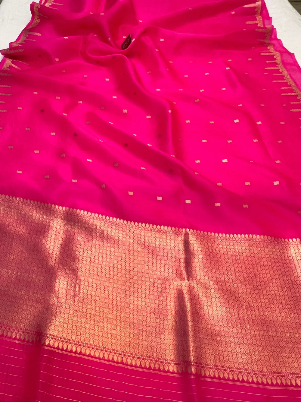 Hot Pink Pure Kora Silk Banarasi Saree with Kadhwa Butis 