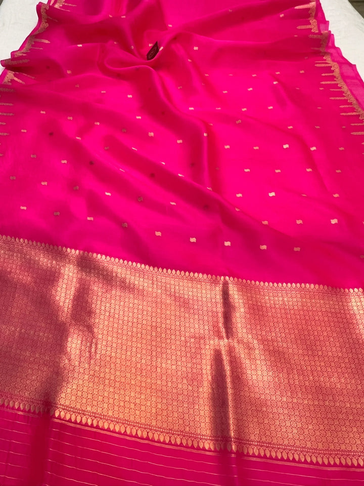 Hot Pink Pure Kora Silk Banarasi Saree with Kadhwa Butis 
