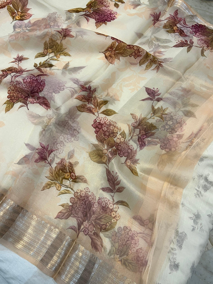 Cream Banarasi Handloom Kora Silk Saree