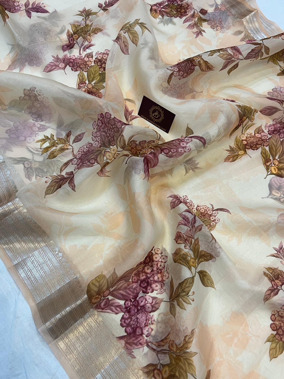 Cream Banarasi Handloom Kora Silk Saree