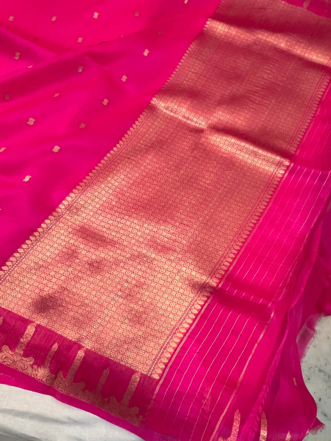 Hot Pink Pure Kora Silk Banarasi Saree with Kadhwa Butis 