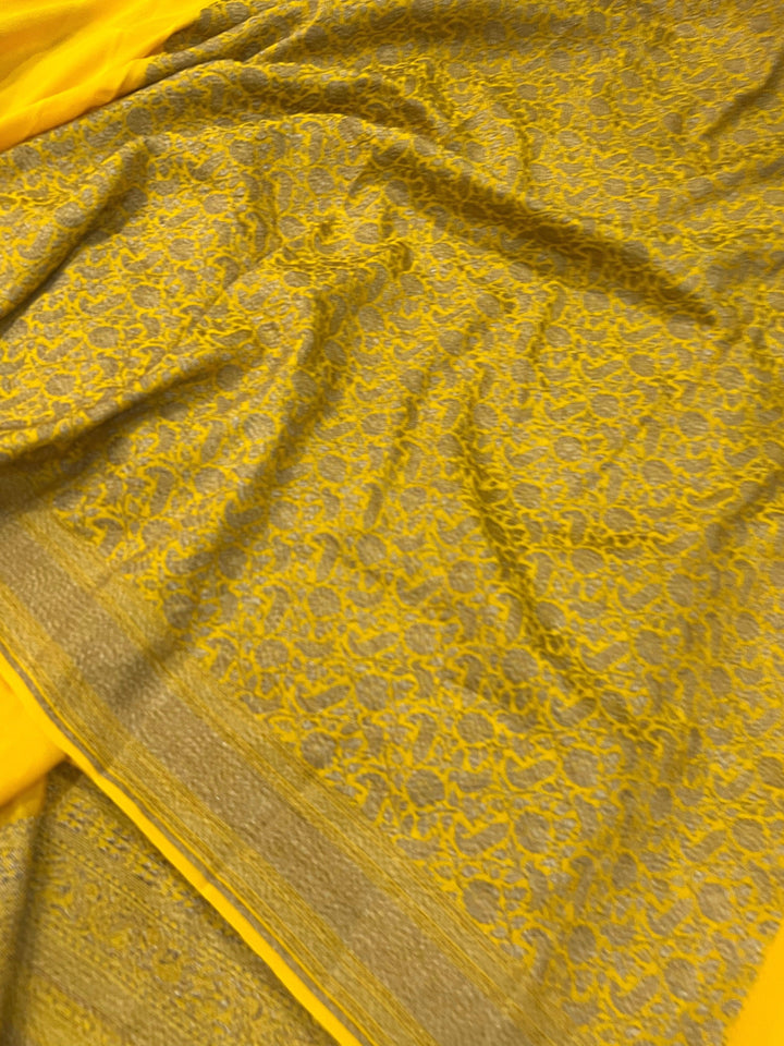 Yellow Pure Banarasi Khaddi Crepe Silk Saree - Aura Benaras