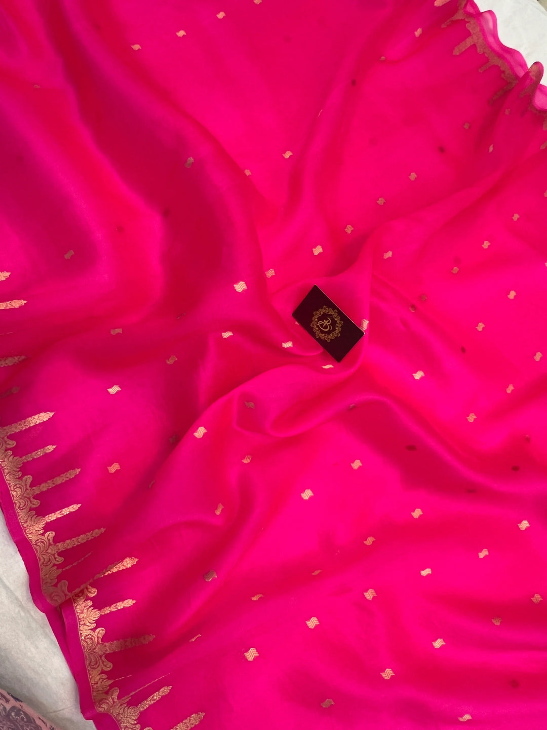 Hot Pink Pure Kora Silk Banarasi Saree with Kadhwa Butis 