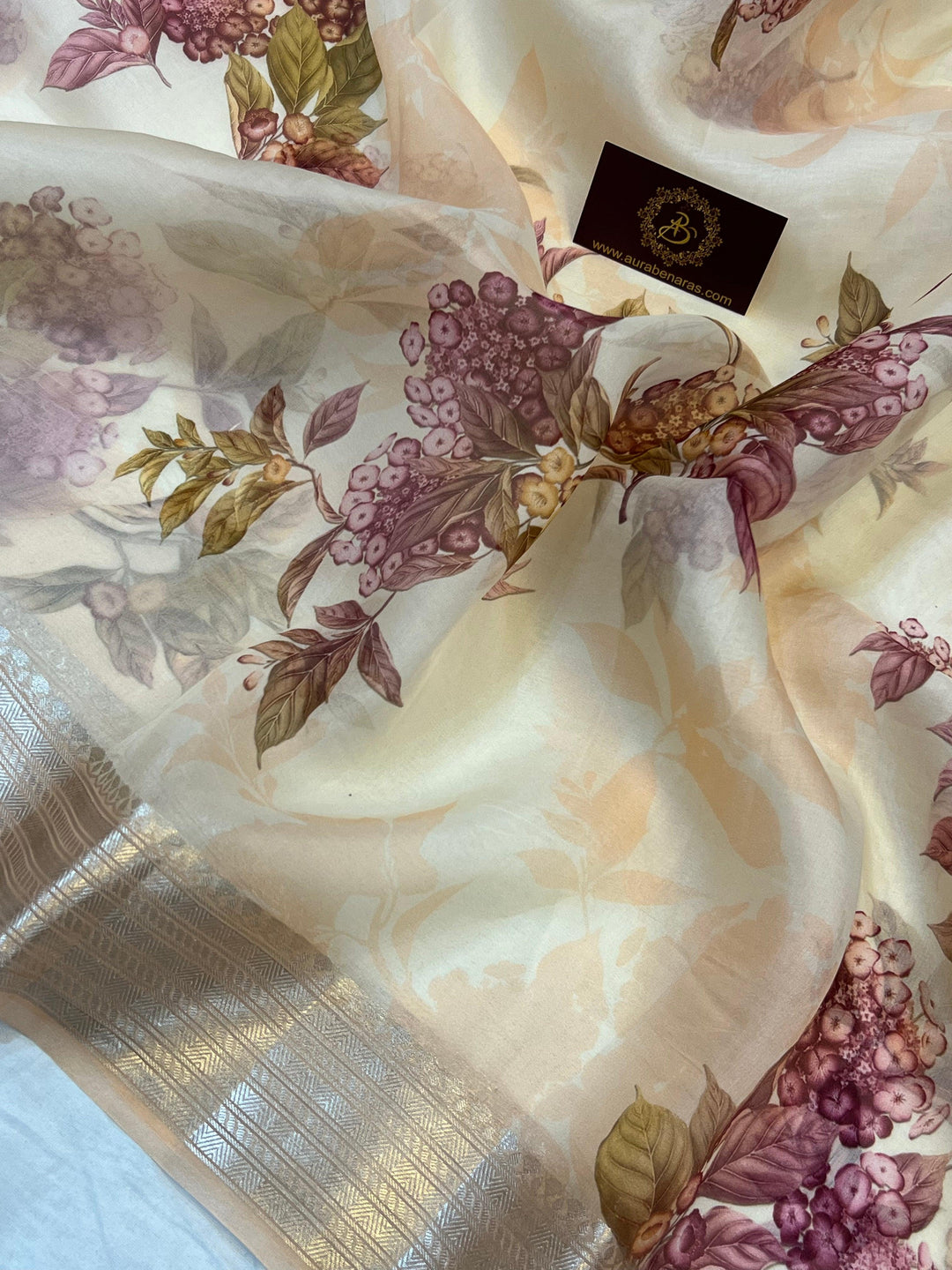 Cream Banarasi Handloom Kora Silk Saree