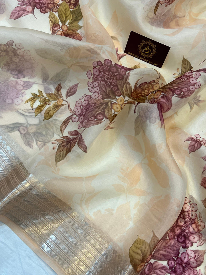 Cream Banarasi Handloom Kora Silk Saree