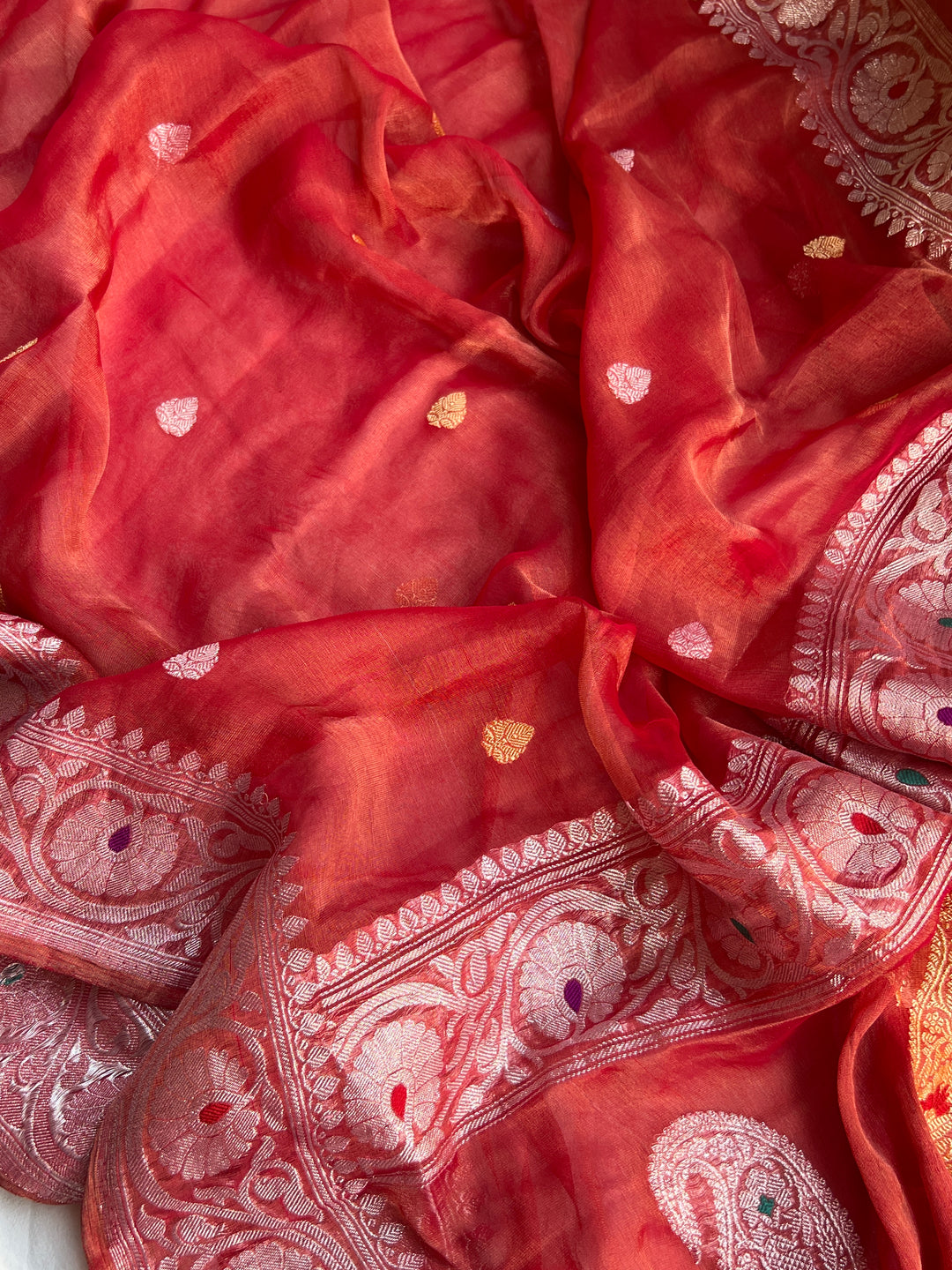 Red Pure Banarasi Chiffon Tissue Silk Saree