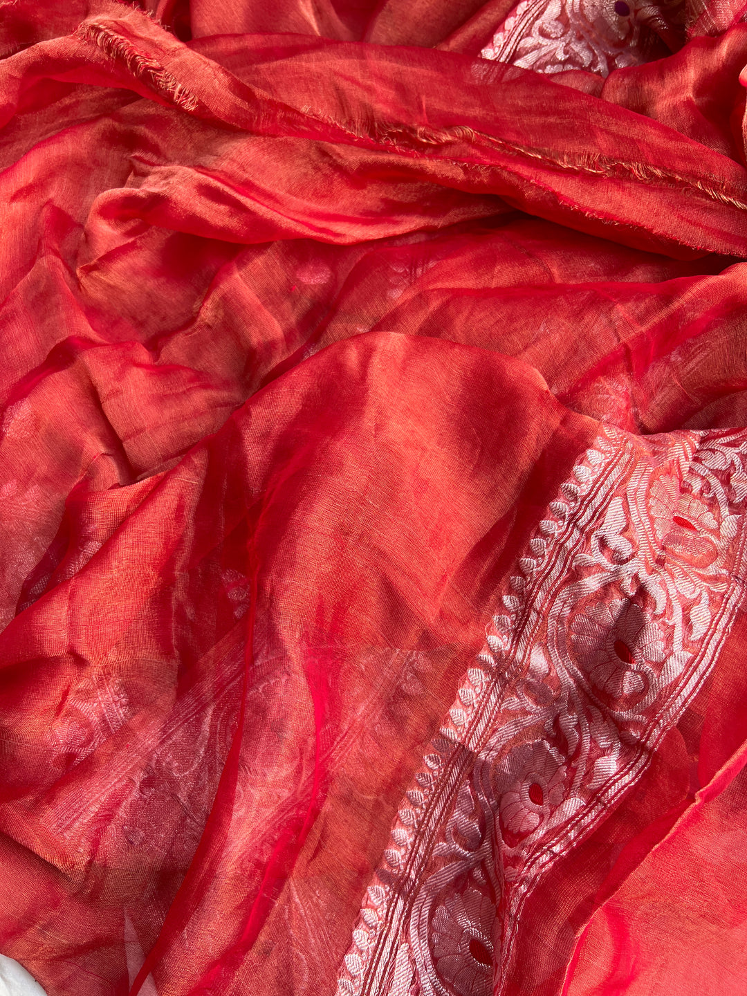 Red Pure Banarasi Chiffon Tissue Silk Saree