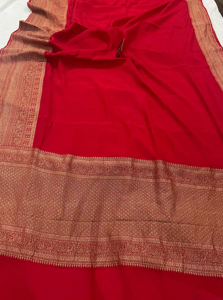 Red Pure Banarasi Khaddi Crepe Silk Saree - Aura Benaras
