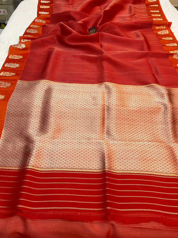 Orange Kora Silk Banarasi Saree with Mashru Border