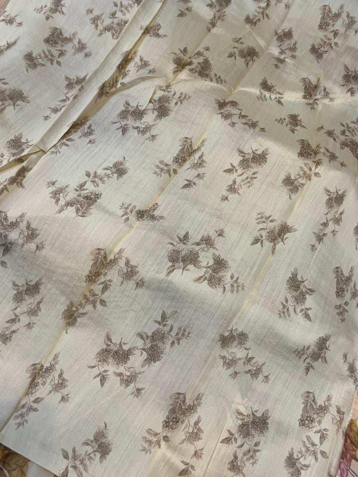 Cream Banarasi Handloom Kora Silk Saree
