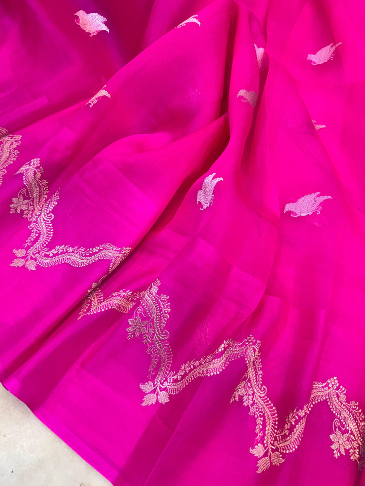 Rani Pink Banarasi Handloom Kora Silk Saree - Aura Benaras