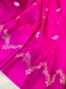 Rani Pink Banarasi Handloom Kora Silk Saree - Aura Benaras