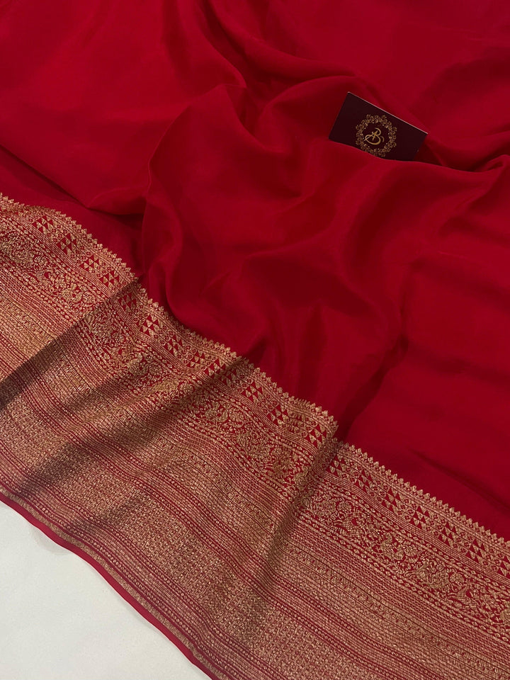 Red Pure Banarasi Khaddi Crepe Silk Saree - Aura Benaras